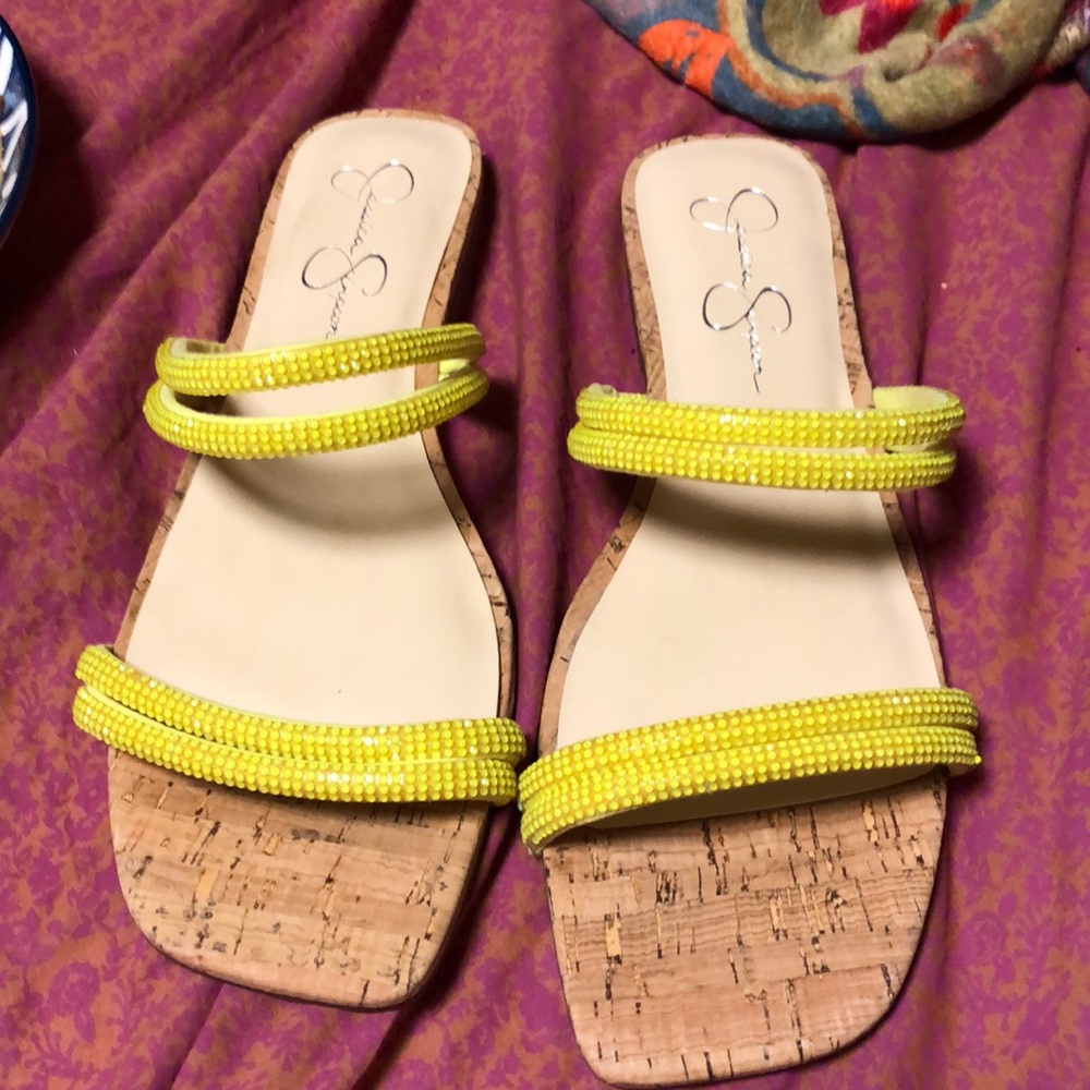 Jessica Simpson fluorescent yellow strap,  flat jeweled,  sandals, worn twice.